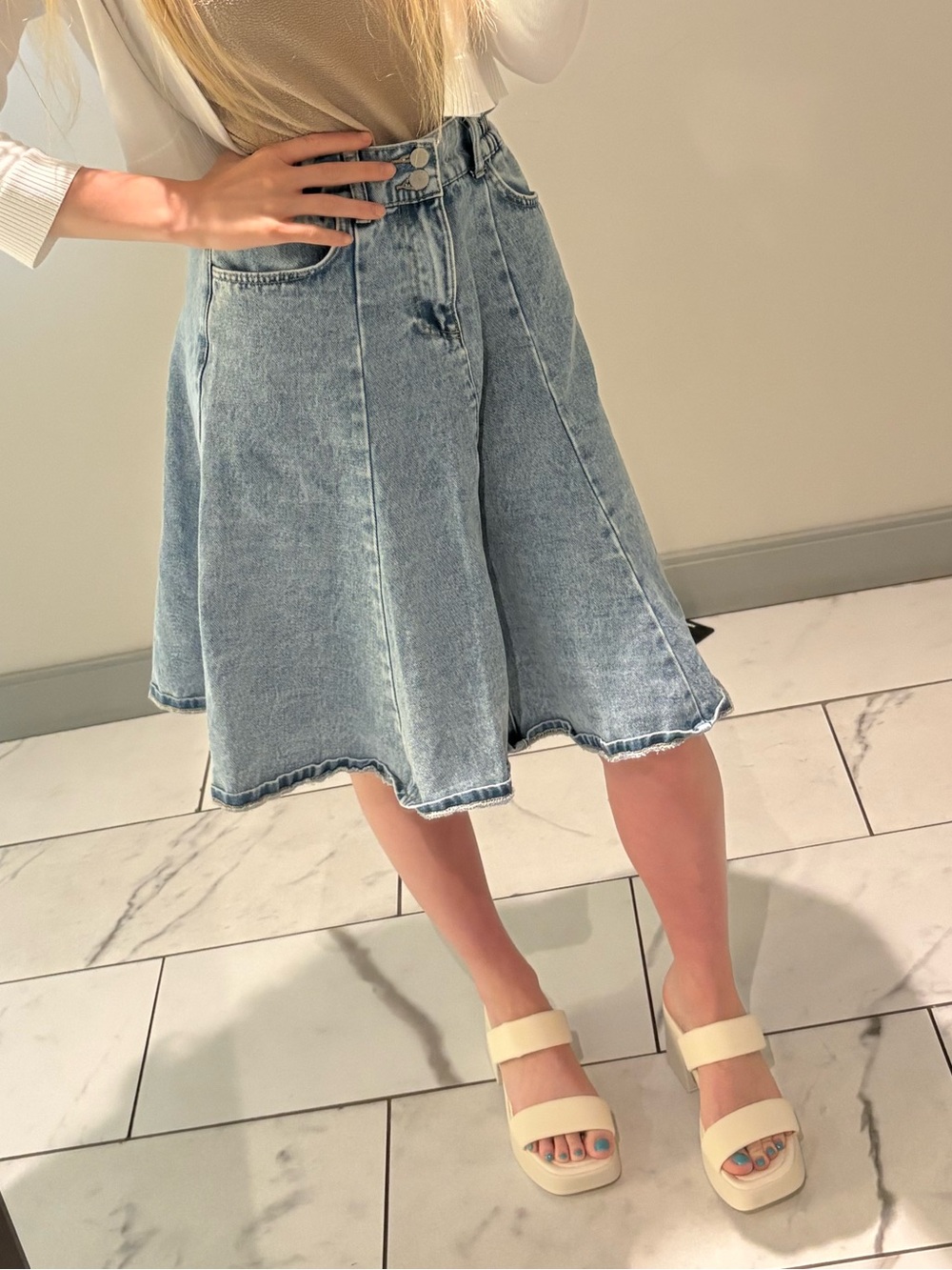 The O Boutique Light Blue Denim Flared Midi Skirt